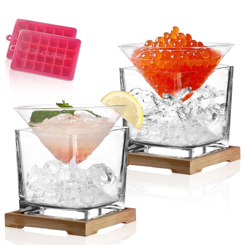 USEEKRIL Stemless Martini Glasses Set of 2 with Caviar Chiller  Martini Glass with Dip Chiller Caviar Bowl  Elegant Bar Cocktail Glasses Gift Set for ManhattanMargaritaMartiniCosmopolitan