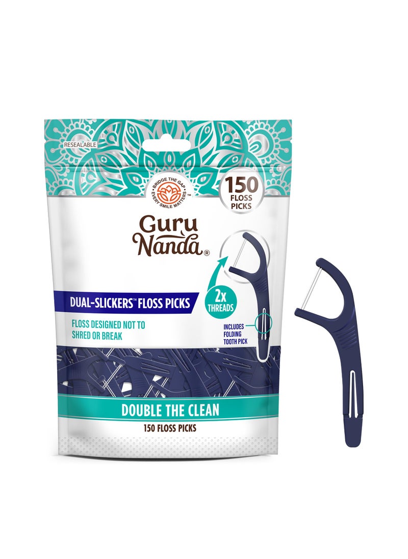 GuruNanda - GuruNanda Dual Slickers Floss Picks  Double Threaded Dyneema Dental Floss with Foldable Toothpick for Effective Plaque Removal  Unflavored 150 Ct - Image 1