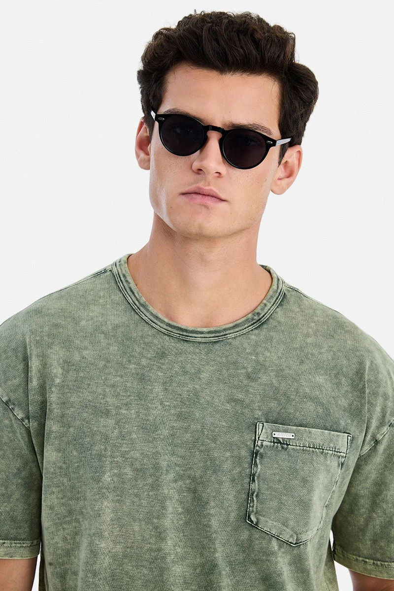 SNITCH Olive Olive Textured Half Sleeve Oversized Casual T-Shirt for Men | Best Price UAE