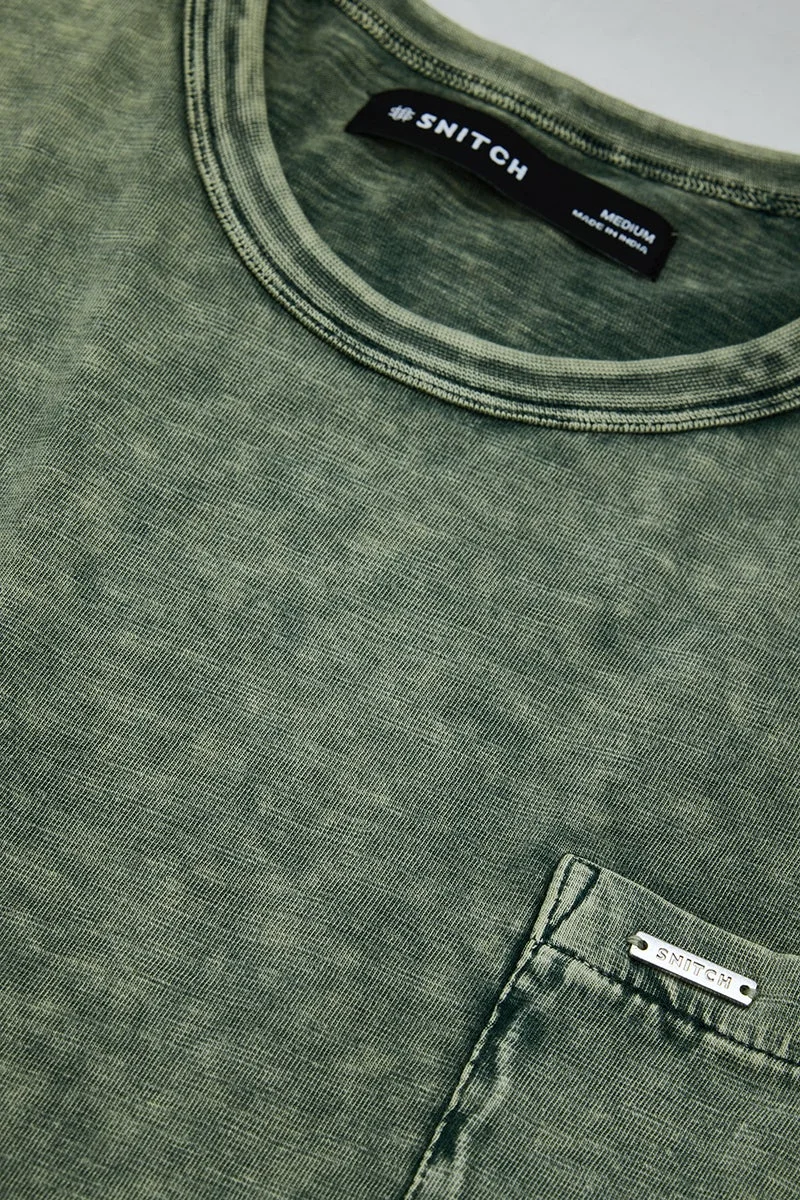 SNITCH Olive Olive Textured Half Sleeve Oversized Casual T-Shirt for Men | Best Price UAE
