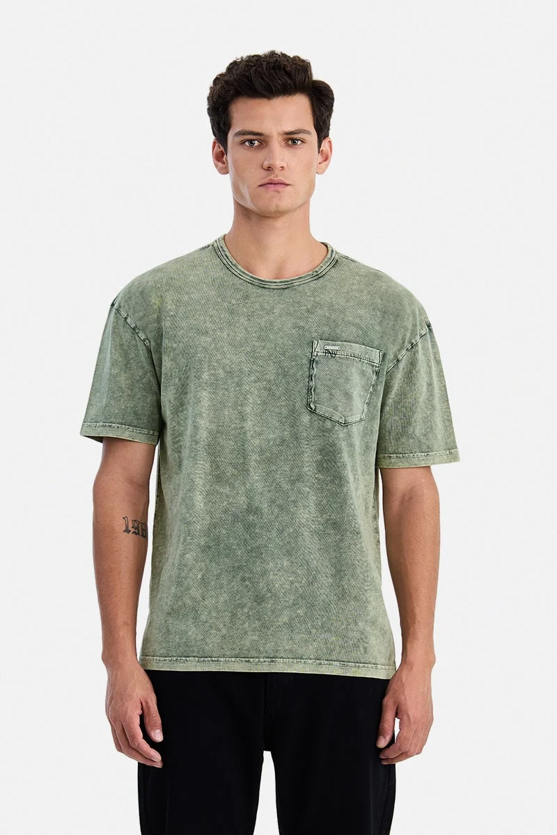 SNITCH Olive Textured Half Sleeve Oversized Casual T-Shirt