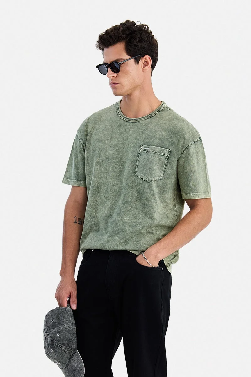 SNITCH Olive Olive Textured Half Sleeve Oversized Casual T-Shirt for Men | Best Price UAE