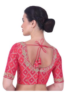 Studio Shringaar Studio Shringaar Women's Elbow Length Sleeves Benaras Brocade Embroidered Saree Blouse (Pink, 38)  - Image 2