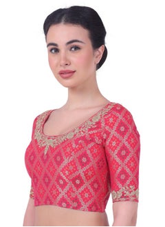 Studio Shringaar Studio Shringaar Women's Elbow Length Sleeves Benaras Brocade Embroidered Saree Blouse (Pink, 38)  - Image 3