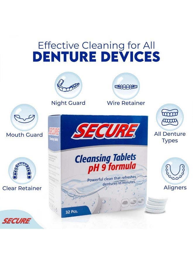 Secure Daily Cleansing Tablets - pH 9 Formula Thoroughly Cleans Dentures - FSA & HSA Approved - Removes Odors, Stains & Germs - For Dentures, Nightguards, Retainers & Partials - 32 Tablets (1 Pack) - Image 5