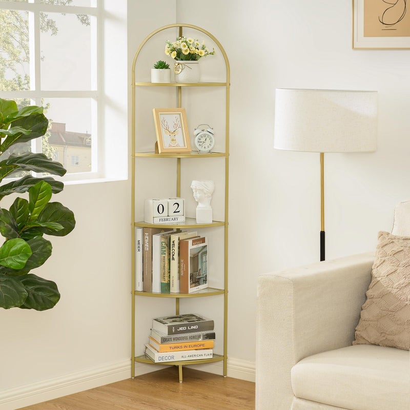 Homhedy رف زاوية معدني من هومهيدي 5 طبقات مع رفوف زجاجية مقسمة لتخزين الحمام ورف نباتات بتصميم عصري ذهبي