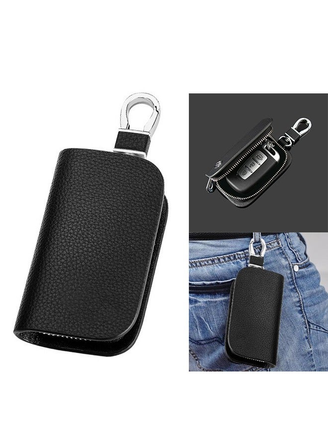 Car key Bag, Cowhide Leather Car Key Case, Men Fashion Leather Car Key Case, Smart Keychain Protector Cover with Metal Hook Zipper, Car Key Remote Control Protective Cover - Image 1