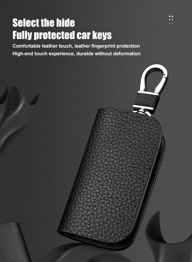 Car key Bag, Cowhide Leather Car Key Case, Men Fashion Leather Car Key Case, Smart Keychain Protector Cover with Metal Hook Zipper, Car Key Remote Control Protective Cover - Image 2
