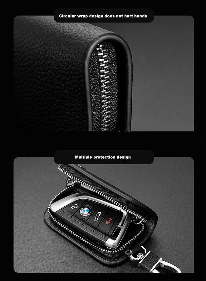 Car key Bag, Cowhide Leather Car Key Case, Men Fashion Leather Car Key Case, Smart Keychain Protector Cover with Metal Hook Zipper, Car Key Remote Control Protective Cover - Image 5