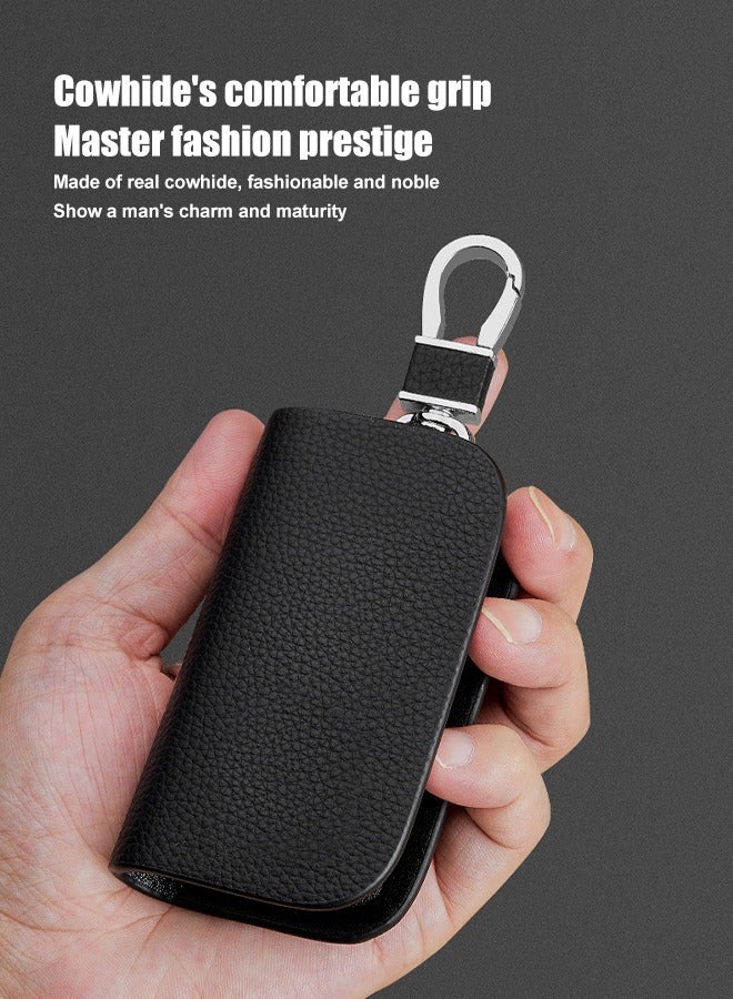 Car key Bag, Cowhide Leather Car Key Case, Men Fashion Leather Car Key Case, Smart Keychain Protector Cover with Metal Hook Zipper, Car Key Remote Control Protective Cover - Image 4