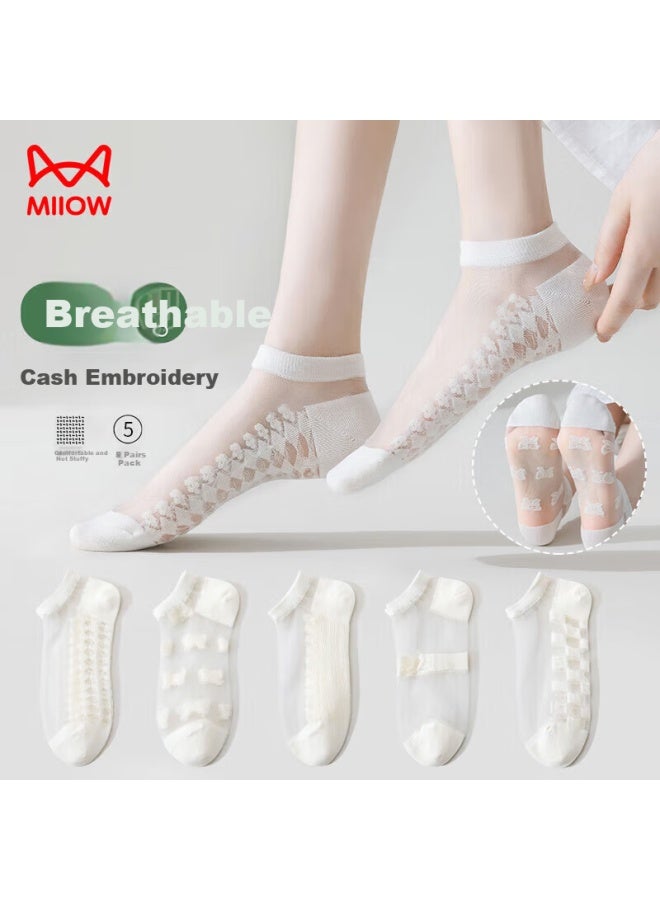 MIIOW 5 Pairs Women's Socks Women's Boat Socks Women's Summer Thin Glass Silk Socks Women's Short Socks Transparent Fresh Cotton Socks Women - Image 1