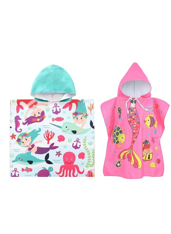 2Pcs Kids Bath Towel for 1 - 5 Years Toddler, 1Pcs Kids Hooded Towel, Microfiber Bath Towel Super Soft Robe Poncho Bathrobe, Boys Girls Swimming Beach Holiday Water Playing Pool Bath Coverups, Octopus+Mermaid  - Image 1