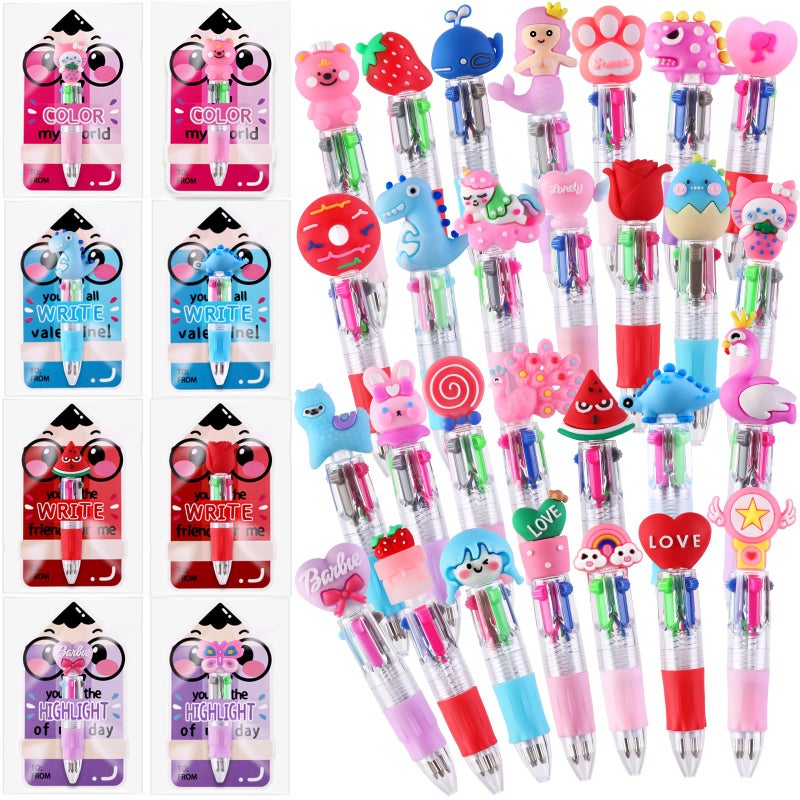 Vellibring 30 Pack Valentines Fun Pens with Cards 0.7mm Cute Animal Multicolor Ballpoint Pens Retractable 4 Colors in One Valentines Stationery Party Favors School Supplies Students Rewards - Image 1