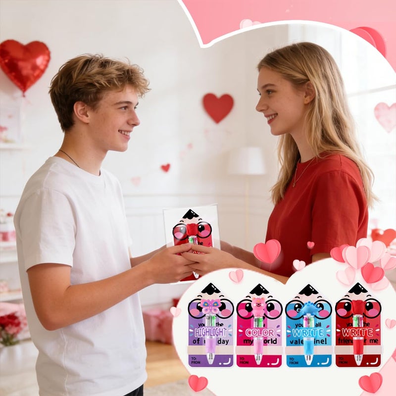 Vellibring 30 Pack Valentines Fun Pens with Cards 0.7mm Cute Animal Multicolor Ballpoint Pens Retractable 4 Colors in One Valentines Stationery Party Favors School Supplies Students Rewards - Image 5