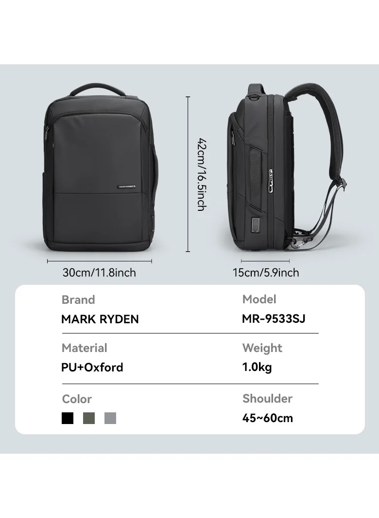 MARK RYDEN Markryden 9533 Slim 15.6 inch Laptop Backpack 3in1 with USB Charging Port Water-Resistant