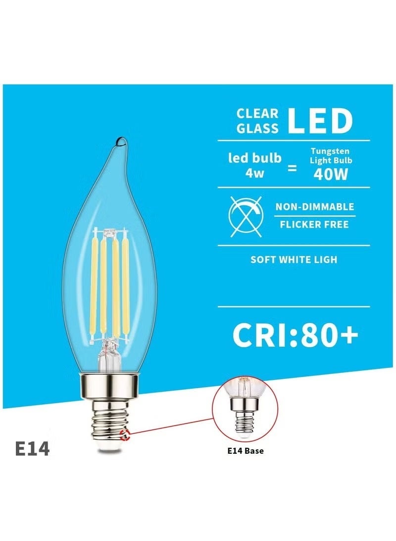 E14 LED Flame Tip Filament Candle Bulb C35 4W (40W Equivalent) 2700K Warm White 360° Beam Angle Energy Saving Chandelier Ceiling Light – Pack of 5 - Image 2