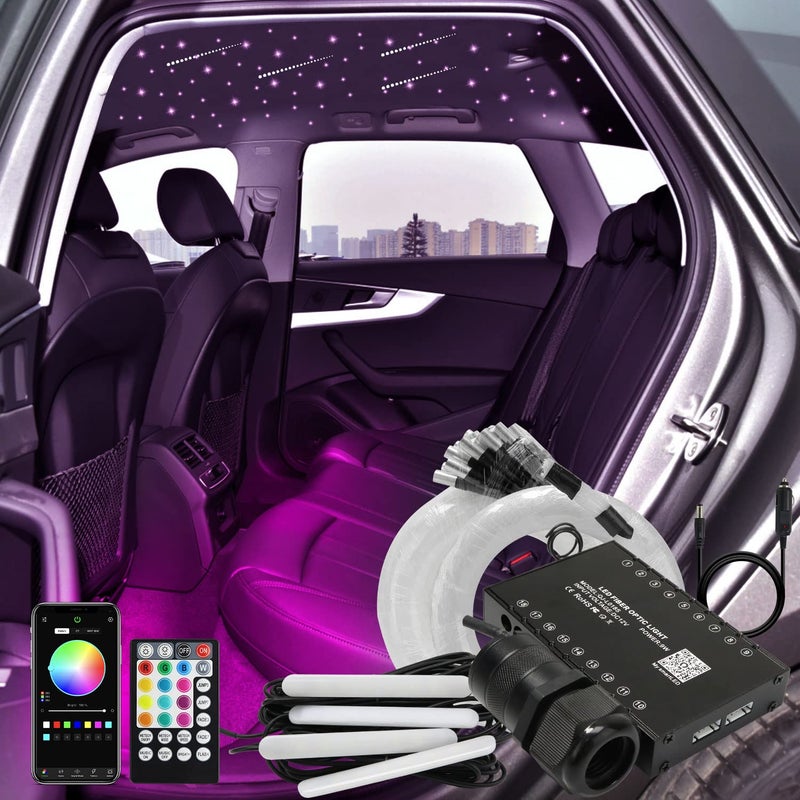 AKEPO 3in1 Starlight Headliner Kits Meteor Effect6W RGBW Fiber Optic Stars Lights 4 Car Under Dash LED Light Music Sync App Control Optical Fibers 295pcs Mixed Diameterin 98ft