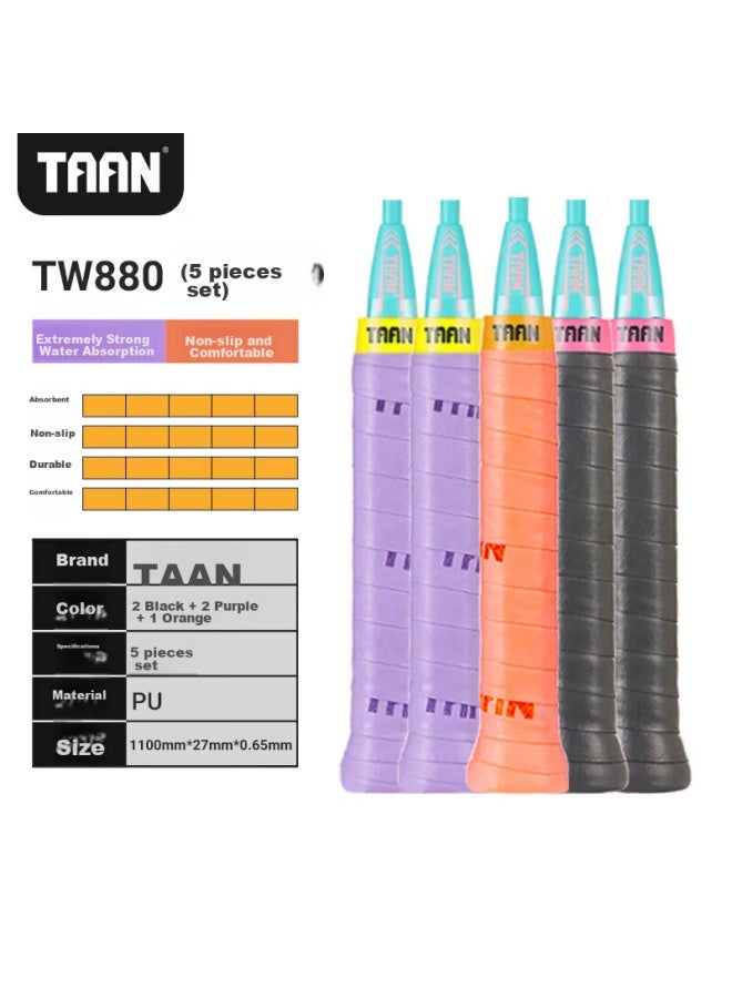 Taan شريط قبضة مضرب الريشة الطائرة ومضرب التنس، ماص للعرق، لزج قليلاً، Tw880، عبوة من 5 قطع - Image 2