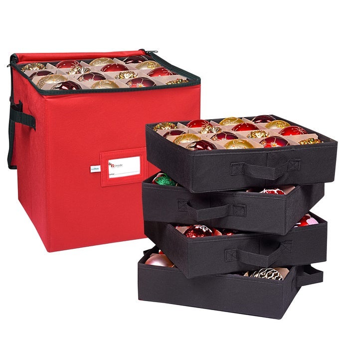Christmas Ornament Storage Box 4 Individual Trays Xmas Storage Container Fits 64 Ornaments Decoration Balls Constructed of Durable Polyester Material Red
