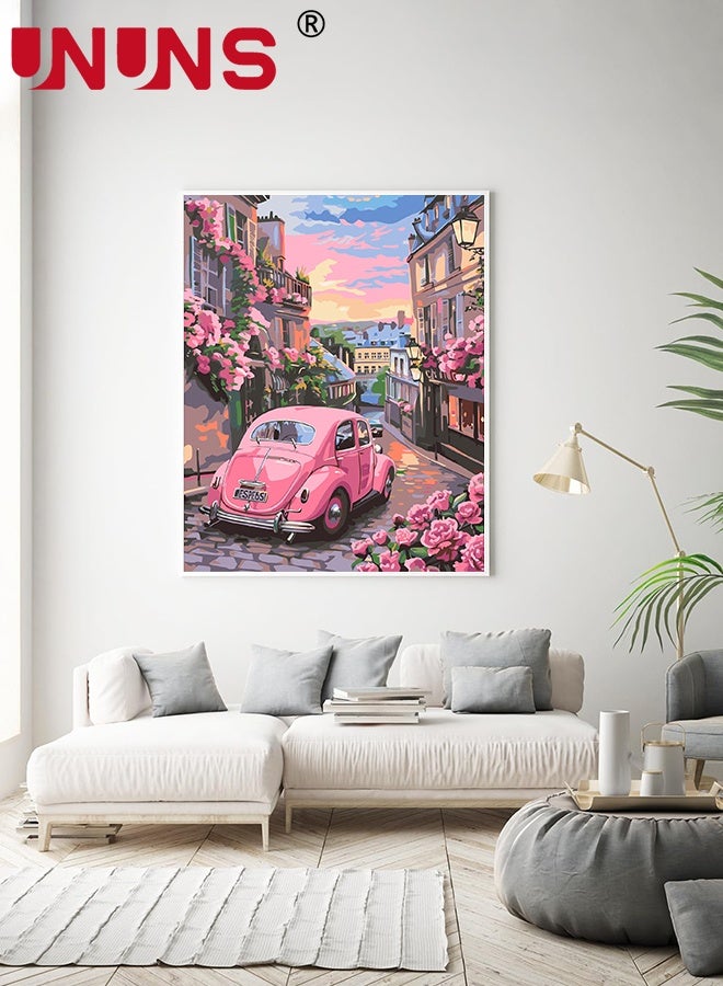 UNUNS رسم بالأرقام، مجموعات رسم بالأرقام للبالغين، مجموعات رسم للمبتدئين على قماش ملون واضح، رسم سهل لسيارة وردية للعمل الفني لتزيين جدران المنزل، 40x50 سم - Image 5