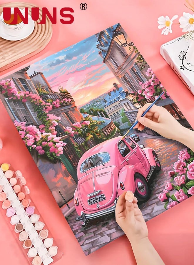UNUNS رسم بالأرقام، مجموعات رسم بالأرقام للبالغين، مجموعات رسم للمبتدئين على قماش ملون واضح، رسم سهل لسيارة وردية للعمل الفني لتزيين جدران المنزل، 40x50 سم - Image 4