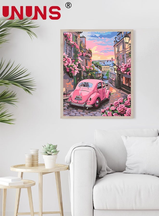 UNUNS رسم بالأرقام، مجموعات رسم بالأرقام للبالغين، مجموعات رسم للمبتدئين على قماش ملون واضح، رسم سهل لسيارة وردية للعمل الفني لتزيين جدران المنزل، 40x50 سم - Image 2