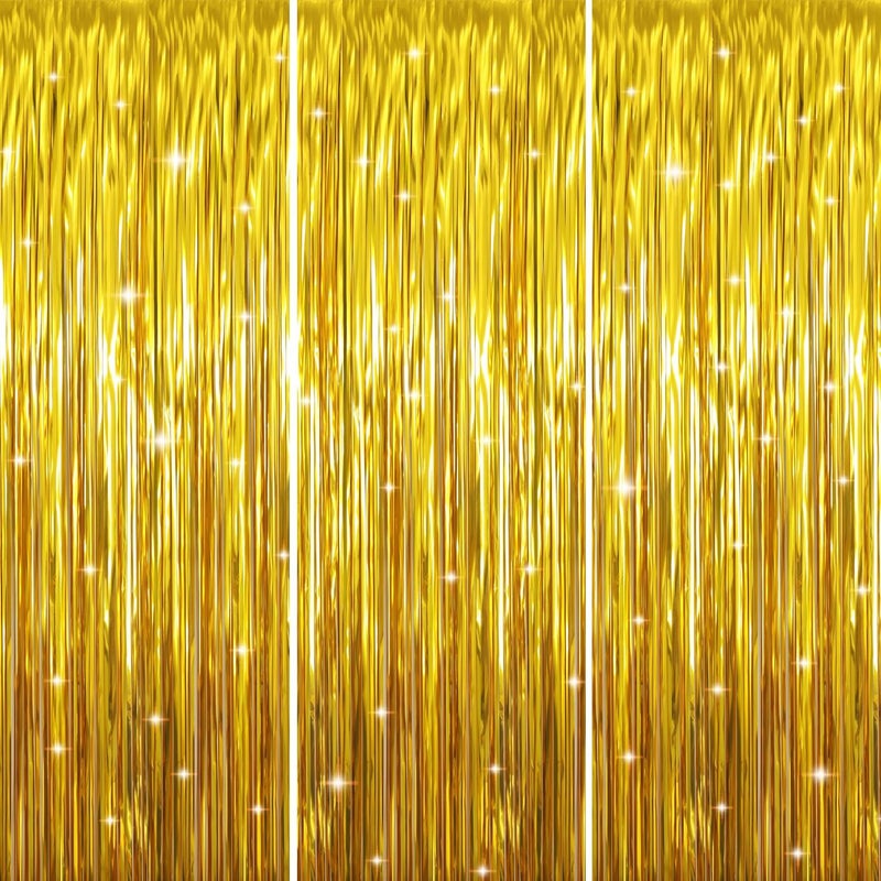 GOER 3.2 ft x 9.8 ft Metallic Tinsel Foil Fringe Curtains Party Photo Backdrop Party Streamers for Birthday,Graduation,New Year Eve Decorations Wedding Decor (Gold,3 pcs) - Image 1