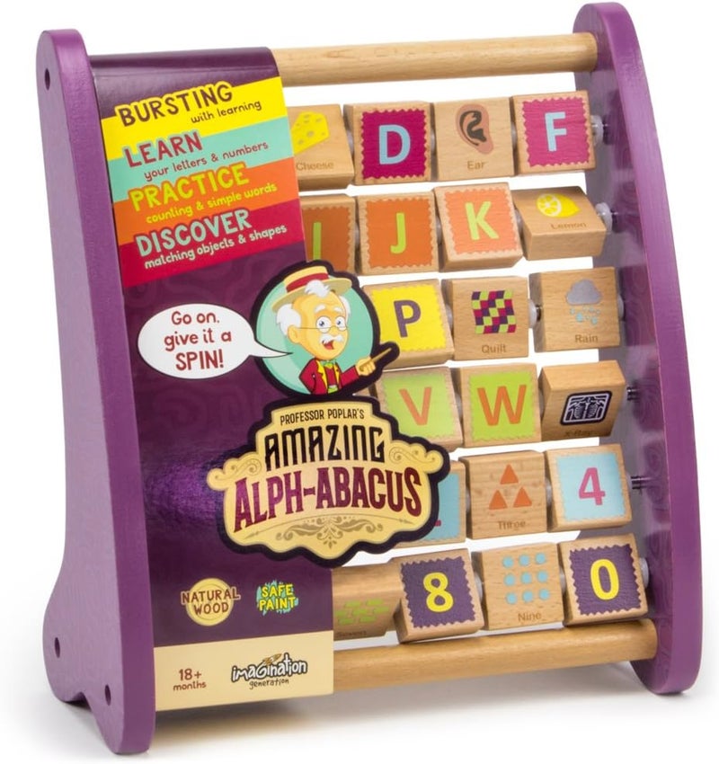 Imagination Generation Professor Poplar's Amazing Alph-Abacus Wooden Learning Toy, 36-Tile Educational Abacus Tool with Alphabet, Numbers, Objects, & Words - Image 5