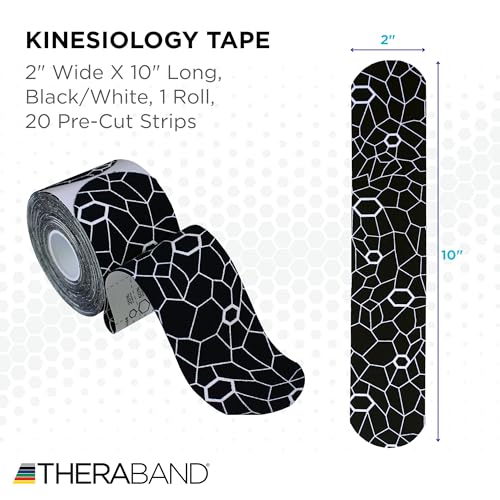 TheraBand شريط كينيسيوثيراباند، أسود/أبيض، 1 لفة، مع مؤشرات إكستراستريتش، شريط رياضي طويل الأمد للكتف والظهر والركبة، خالي من اللاتكس ومقاوم للماء للرجال والنساء، مقصوص مسبقاً - Image 2