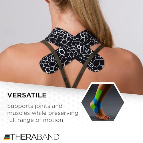 TheraBand شريط كينيسيوثيراباند، أسود/أبيض، 1 لفة، مع مؤشرات إكستراستريتش، شريط رياضي طويل الأمد للكتف والظهر والركبة، خالي من اللاتكس ومقاوم للماء للرجال والنساء، مقصوص مسبقاً - Image 5