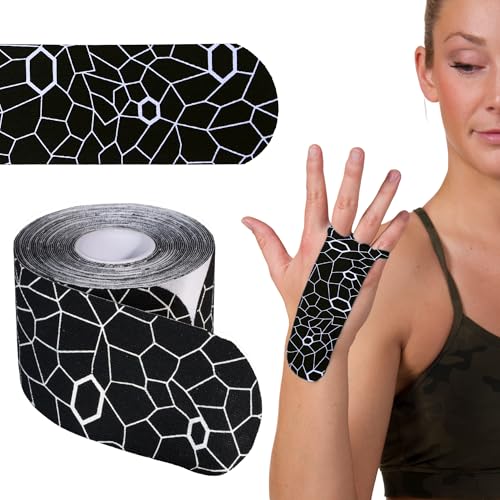 TheraBand شريط كينيسيوثيراباند، أسود/أبيض، 1 لفة، مع مؤشرات إكستراستريتش، شريط رياضي طويل الأمد للكتف والظهر والركبة، خالي من اللاتكس ومقاوم للماء للرجال والنساء، مقصوص مسبقاً - Image 1