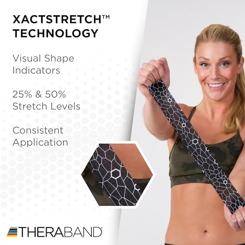 TheraBand شريط كينيسيوثيراباند، أسود/أبيض، 1 لفة، مع مؤشرات إكستراستريتش، شريط رياضي طويل الأمد للكتف والظهر والركبة، خالي من اللاتكس ومقاوم للماء للرجال والنساء، مقصوص مسبقاً - Image 4