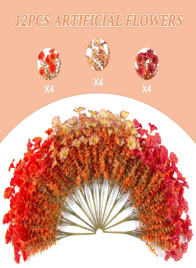Hrobek Fall Artificial Flowers for Decoration, 12 Bundles Fake Autumn Flower Plants Petunias, Faux Silk Morning Glory Eucalyptus for Planter Garden Porch Front Door Window Box, Red Orange - Image 2