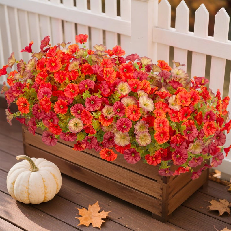 Hrobek Fall Artificial Flowers for Decoration, 12 Bundles Fake Autumn Flower Plants Petunias, Faux Silk Morning Glory Eucalyptus for Planter Garden Porch Front Door Window Box, Red Orange - Image 1