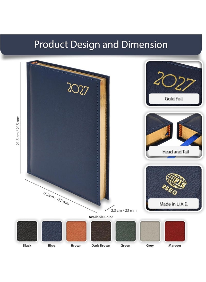 FIS 2027 Diary, Golden A5 Size Diary(148x210mm), Italian PU Materials, 1 Side Padded & Sewn Cover, Gilded Edges, English, 70gsm Italian Ivory Paper, Blue Color-FSDI26EG27BL - Image 4