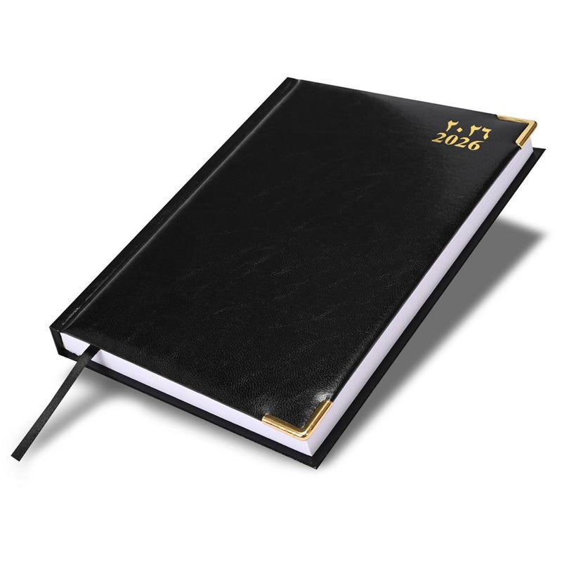 FIS 2026 A4 Diary, 210x297mm Size, 1 Side Padded Vinyl, Golden Corners, 1 Day a Page Format, English/Arabic, 60gsm White Paper, Black Cover-FSDI42AE26BK - Image 1