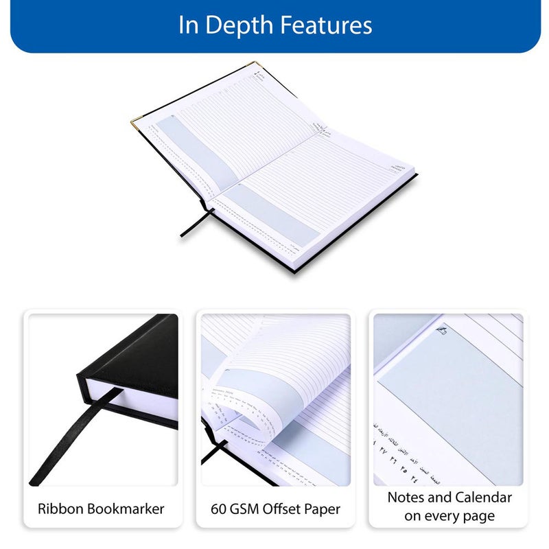 FIS 2026 A4 Diary, 210x297mm Size, 1 Side Padded Vinyl, Golden Corners, 1 Day a Page Format, English/Arabic, 60gsm White Paper, Black Cover-FSDI42AE26BK - Image 5