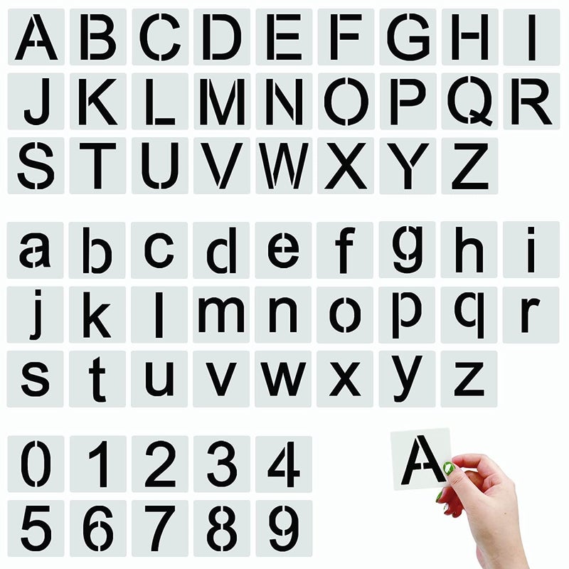 DEQUERA Dequera Alphabet Letter Number Stencils 62 pcs Letter Number Stencils Interlocking Stencil Kit for Paper Wood Wall Glass Stone DIY Manual 2 inch