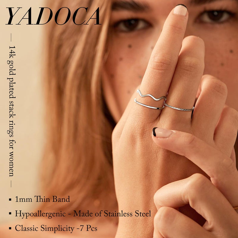 YADOCA 7 Pcs 1MM Stainless Steel Rings for Women Men Fashion Simple Plain Knuckle Stacking Midi Thumb Dainty Thin Stackable Statement Band Rings Set Size 5-11 Silver Gold Tone - Image 2