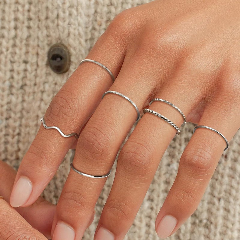 YADOCA 7 Pcs 1MM Stainless Steel Rings for Women Men Fashion Simple Plain Knuckle Stacking Midi Thumb Dainty Thin Stackable Statement Band Rings Set Size 5-11 Silver Gold Tone - Image 4