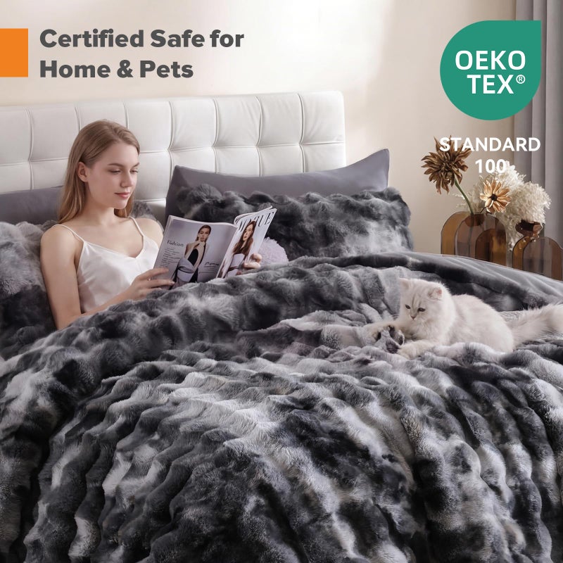 YIKUSH Tie-dye Grey Comforter Set King - Luxurious Faux Fur Comforter for Winter, Fluffy Comforter Queen Set with 2 Pillowcases, Soft Warm Tie-dye Grey Bedding Set - Image 4