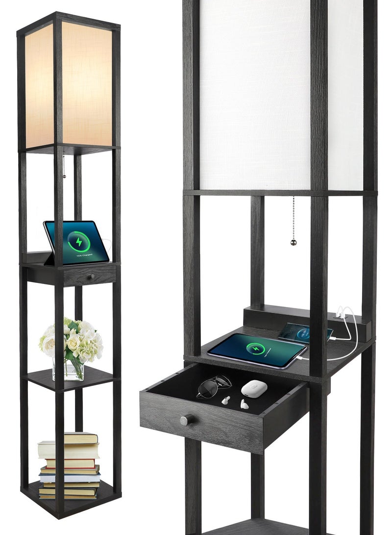 OUTON Shelf Floor Lamp with Drawer, 1x Type C Port, 1x USB Port, LED Column Modern Floor Lamp with USB & Type C Port, 3 Color Temperature, Storage Display Wood Standing Lamp for Living Room, Bedroom, Office(Black) - Image 1