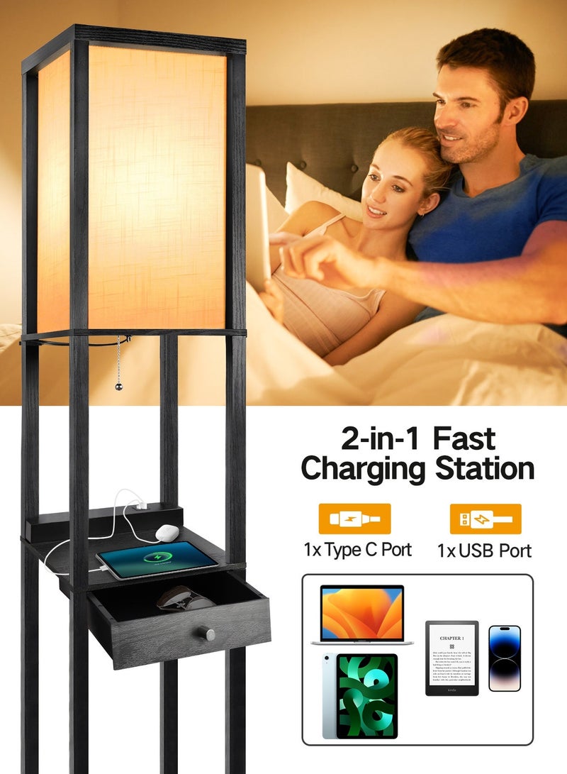 OUTON Shelf Floor Lamp with Drawer, 1x Type C Port, 1x USB Port, LED Column Modern Floor Lamp with USB & Type C Port, 3 Color Temperature, Storage Display Wood Standing Lamp for Living Room, Bedroom, Office(Black) - Image 2
