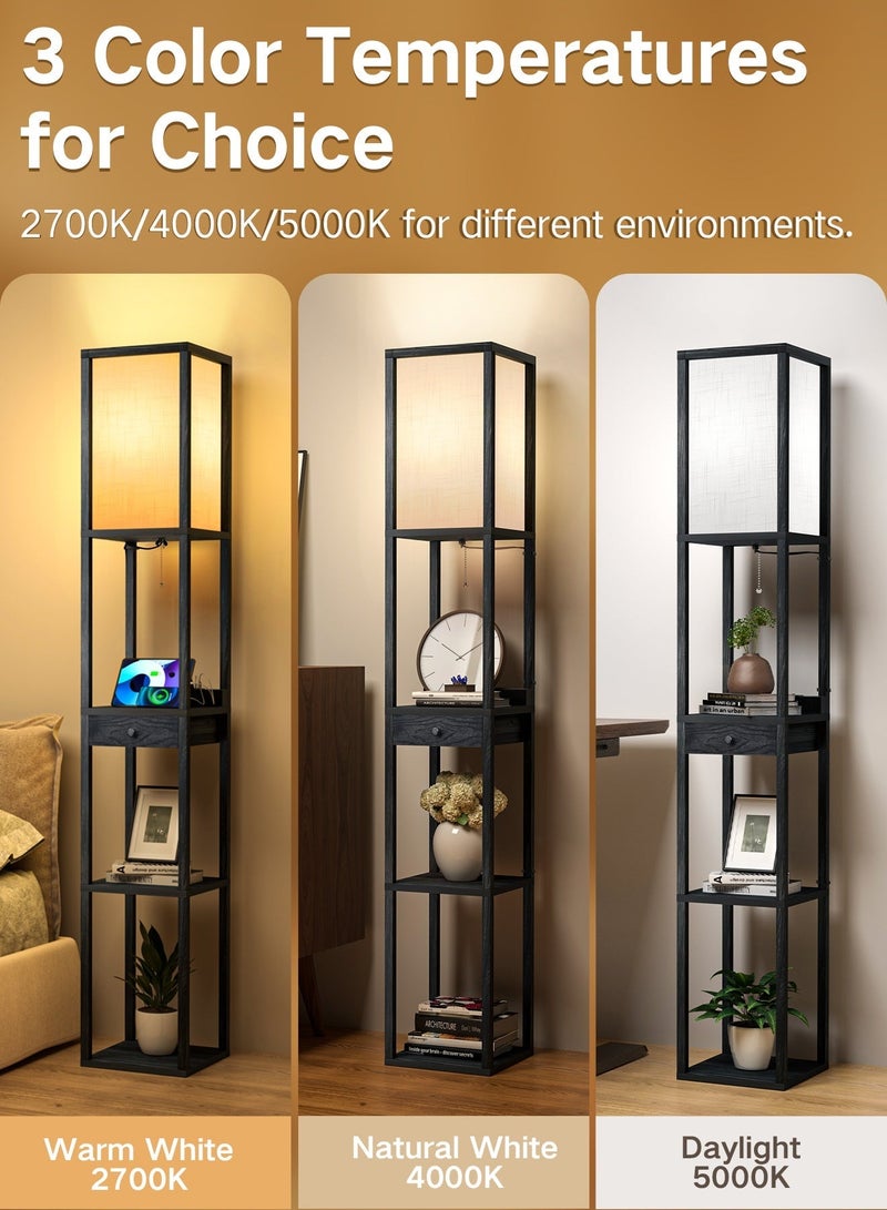 OUTON Shelf Floor Lamp with Drawer, 1x Type C Port, 1x USB Port, LED Column Modern Floor Lamp with USB & Type C Port, 3 Color Temperature, Storage Display Wood Standing Lamp for Living Room, Bedroom, Office(Black) - Image 3