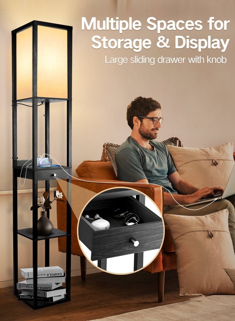 OUTON Shelf Floor Lamp with Drawer, 1x Type C Port, 1x USB Port, LED Column Modern Floor Lamp with USB & Type C Port, 3 Color Temperature, Storage Display Wood Standing Lamp for Living Room, Bedroom, Office(Black) - Image 4