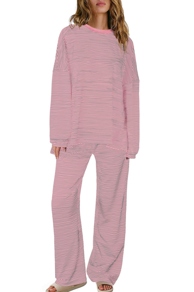 Panadila Womens 2 Piece Lounge Sets Striped Long Sleeve Pajama Set Oversized Tshirts Wide Leg Pant Loungewear (Grey Pink Combo,Large) - Image 2