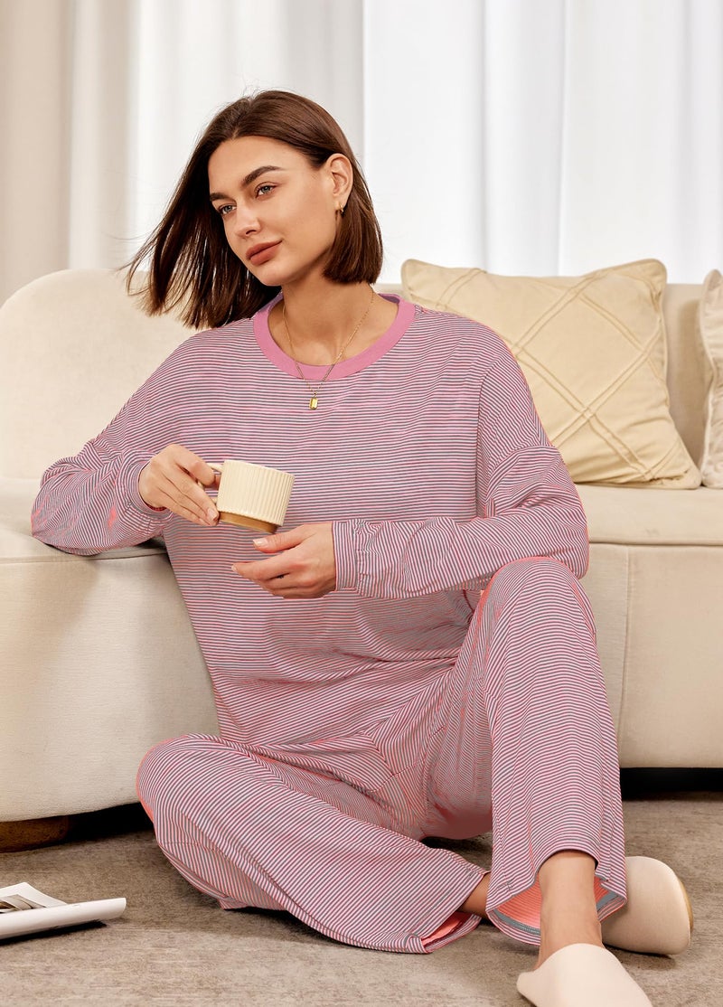Panadila Womens 2 Piece Lounge Sets Striped Long Sleeve Pajama Set Oversized Tshirts Wide Leg Pant Loungewear (Grey Pink Combo,Large) - Image 5