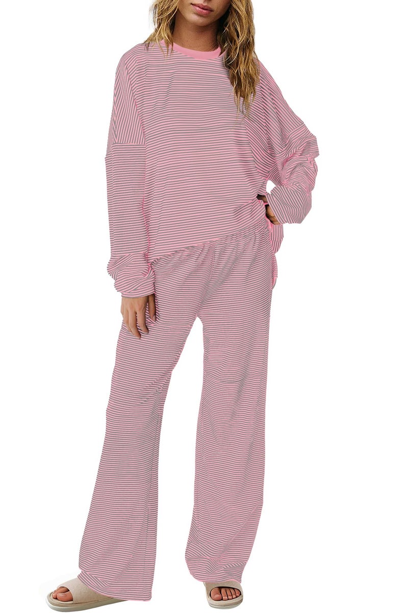 Panadila Womens 2 Piece Lounge Sets Striped Long Sleeve Pajama Set Oversized Tshirts Wide Leg Pant Loungewear (Grey Pink Combo,Large) - Image 1