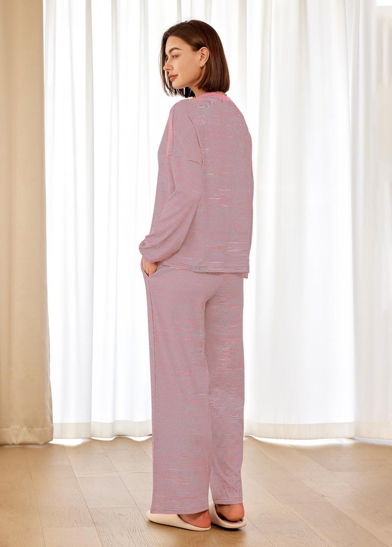 Panadila Womens 2 Piece Lounge Sets Striped Long Sleeve Pajama Set Oversized Tshirts Wide Leg Pant Loungewear (Grey Pink Combo,Large) - Image 4