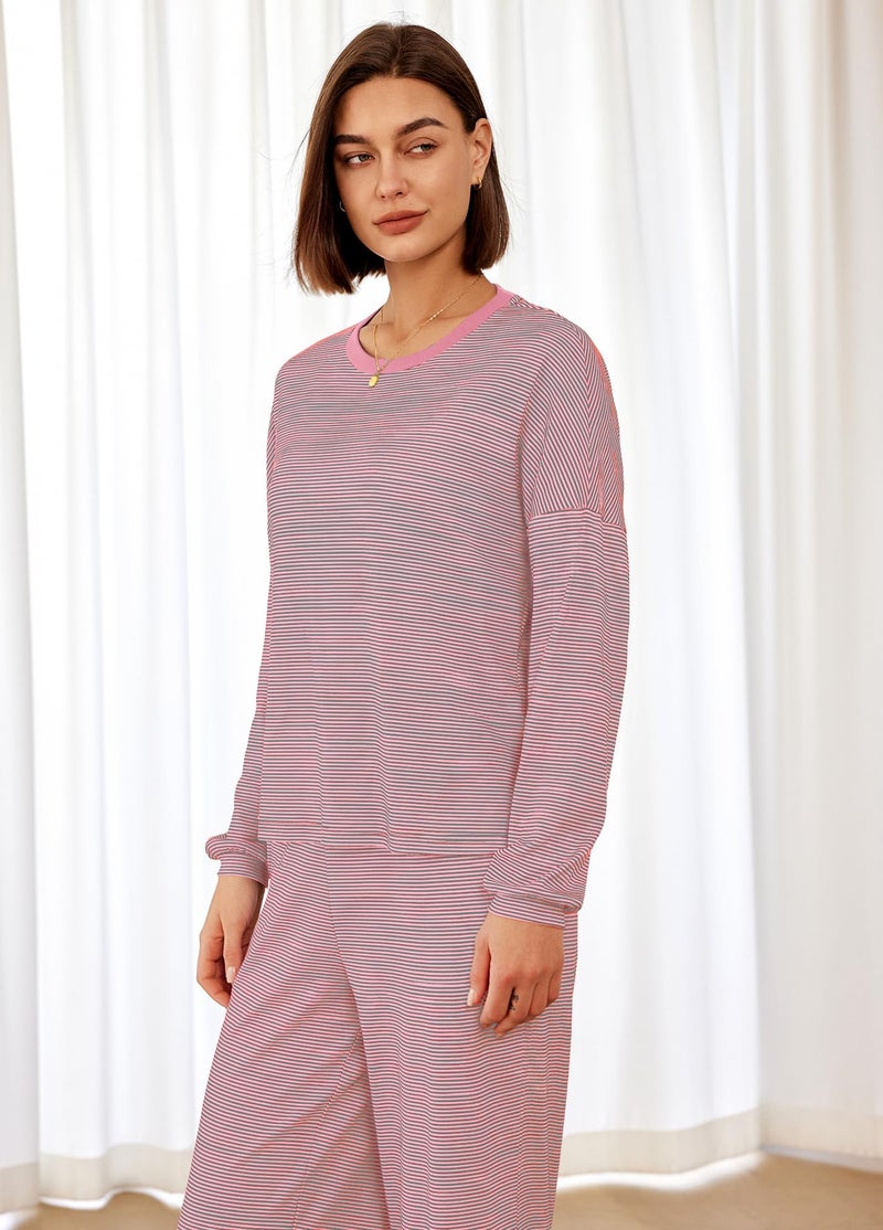 Panadila Womens 2 Piece Lounge Sets Striped Long Sleeve Pajama Set Oversized Tshirts Wide Leg Pant Loungewear (Grey Pink Combo,Large) - Image 3